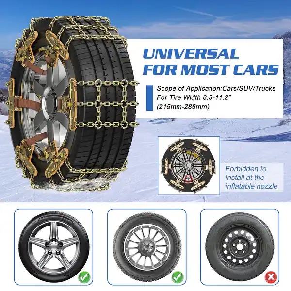 Universal anti-skid snow chains coiled beside a winter tire